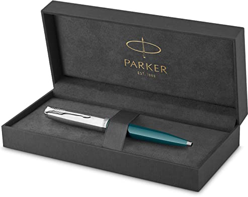 Parker 51 bolígrafo | cuerpo azul verdoso con adorno cromado | punta mediana con recambio de tinta negra | estuche de regalo