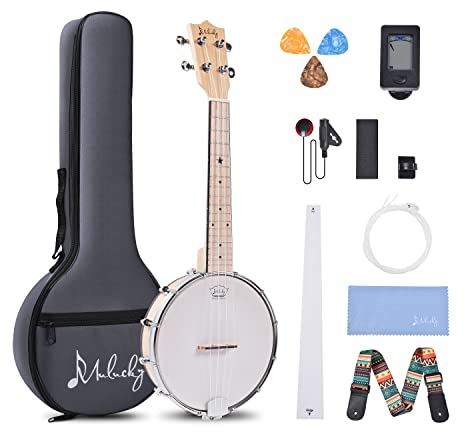 Mulucky Banjolele MBU-807 Ukulélé banjo à 4 cordes Taille concert 58,4 cm Dos en bois massif fermé Kit débutant avec barre de réglage Sac de transport Tuner Sangle Picks