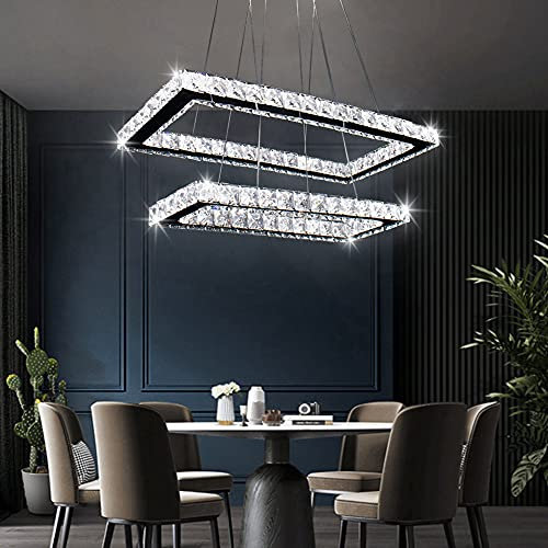 Finktonglan Modern Crystal Chandelier – Rectangular 2 Rings LED Ceiling Light, Stainless Steel Flush Mount Pendant Lamp for Dining Room, Living Room, Bedroom, Hallway, Cool White 6000K