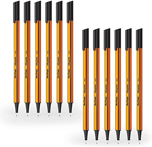 Berlingo Fineliner Set, 12 Stück, 0.4mm, dreieckige Form, Farbige Stifte, metal Spitze, Schreiben, für das Büro, das Home Office oder die Schule und Uni, Serie Rapido (Schwarz)