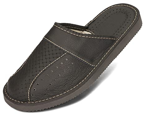 BeComfy Ciabatte da Uomo Pelle Pantofole Suola EVA Scarpe da Casa Nero Marrone Grigio 40-46 EU (Nero, Sistema Taglie Calzature EU, Adulto, Numero, Media, 43)