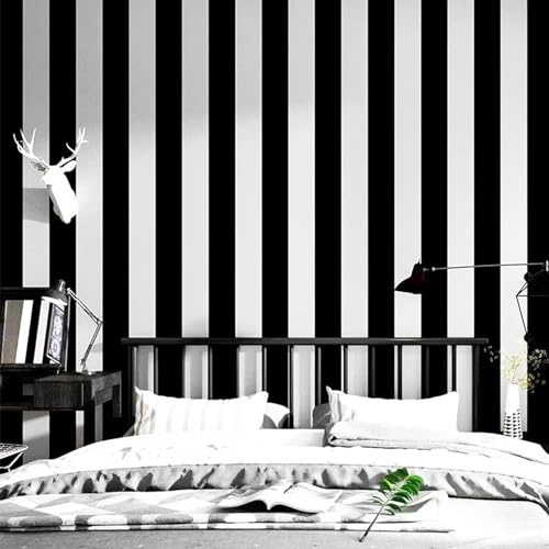 Amiya Carta da parati in PVC a righe bianche e nere, 45 x 304,8 cm, design minimalista e alla moda, facile da installare, ideale per soggiorno, camera da letto e decorazione per ufficio