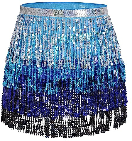 Belly Dance Hip Scarf Sequin Tassel Skirt Wrap Sparkly Rave Costume for Women (Silver, Blue, Black)