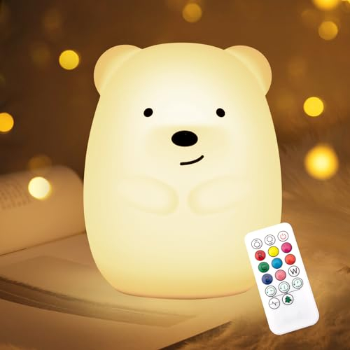 Nice Dream Nachtlicht für Kinder, 9 Color Silikon Baby Nachtlicht mit Fernbedienung, USB Wiederaufladbare Dimmbare Kinder Nachtlicht Kawaii Kinderzimmer Deko Mädchen Junge Geschenke (01-Bär)