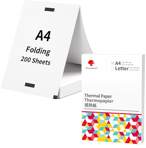 Phomemo A4 Thermodruckpapier, Mehrzweck Thermopapier Kompatibel mit Phomemo M832/M834 Mobiler Drucker für Unterwegs, Kontinuierlich Gefaltetes Thermopapier für Reisen, Zuhause, 210x297 mm, 200 Blatt