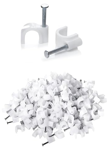 Qinsky Grapas Cable Pared,100 PCS Clips de Cable Redondo Abrazadera para Cable Gestión de Cables Canaleta Cables con Clavo de Acero Clip para Cable para Paredes Oficina Hogar Cocina Fijación 12MM