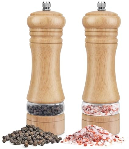 Macina Pepe 2pcs Set, Macina Sale e Pepe Legno, Macinapepe Manuale con Smerigliatrice Ceramica Regolabile, Macinino per Pepe con Trasparenti Finestra in Acrilico, per Cumino Erba Sesamo (6.5 Inch)