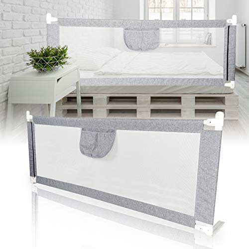Hebitod Griglia di protezione per letto per bambini, 180 cm, altezza regolabile 64 – 96 cm, facile da montare, con rete d'aria, colore: grigio