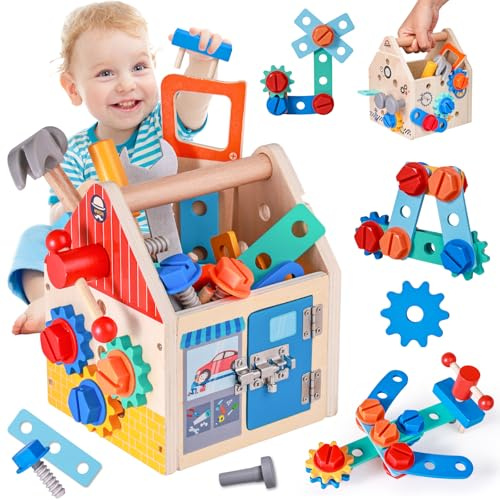 FUBABCO Caja Herramientas Niños Banco de Trabajo 32 Piezas Herramientas Juguete de Madera Bricolaje Montessori Juguete Educativo Regalo para 3 4 5 Años Niño Niña