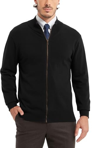 Kallspin - Chaqueta de punto para hombre con cuello alto de 100% algodón, manga larga con cremallera, casual, de punto fino, suéter, Negro , 3XL