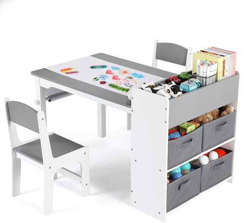 Clevich Kindertisch mit 2 Stühlen, Kindertisch mit Stauraum, Kinder Tisch Stuhl Set Holz,Maltisch Schreibtisch mit Papierrolle, 4 Aufbewahrungskiste,Kindersitzgruppe Kindertagesstätte,Grau