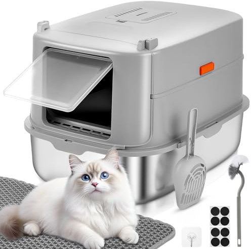 Papettly Katzentoilette Edelstahl mit Deckel, XXL Litter Box Katzenklo, 30L Große Katzenklo Edelstahl mit Deckel, Hoher Abnehmbarer Rand, Katzenklo mit Katzenstreumatte,Leichte Reinigung, 58x42x40CM