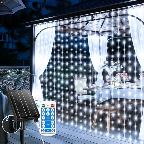 GCMacau Cortina de Luces Solares, 6x3M 600 led Cortina de Luces, Cortina Exterior con 8 modos y temporizador y memoria, Guirnalda Luces Exterior Solar para Navidad Decoración de boda