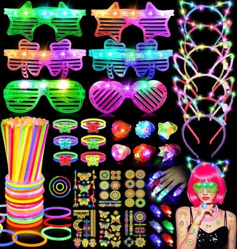 Knicklichter Mitgebsel Kindergeburtstag Gastgeschenke Leuchtstäbe LED Brille Haarbänder Tattoo Stickers Schwarzlicht Rave Festival Neon Disco Deko Mitbringsel Pinata Füllung Give Aways Geburtstag