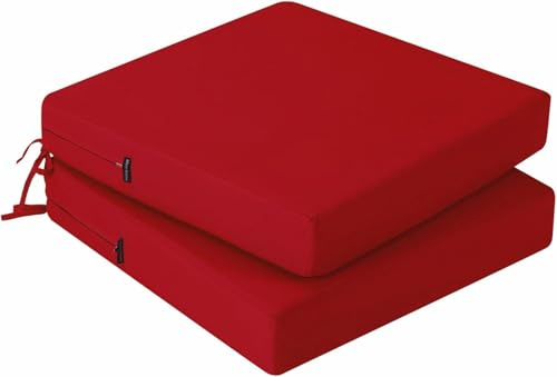 PRIMEPATIO Outdoor Chair Seat Cushions Set of 2, 45x45cm, 7cm Thick, Red | Waterproof Rattan Garden Seat Pads with Ties for Patio Dining Chairs, Indoor Outdoor Furniture Kitchen Seating