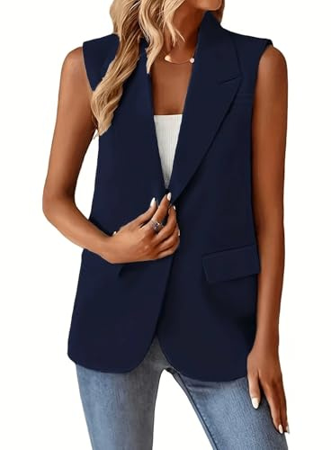 KYUERWK Chaleco De Mujer De Vestir,Blazer Sin Mangas para Mujer, Estilo Vintage, con Solapa con Muescas, Largo, para Oficina, con Forro Completo, Chaqueta De Un Botón con Bolsillos, Talla Grande.