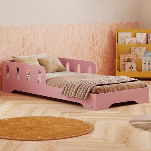 smartwood Barnsäng 70x160 Rosa - Montessori säng barn med Fallskydd och Ribbotten - Träsäng för barn från 2 år med FSC-certifikat - Golvsäng för pojkar och flickor - Enkel montering - TILA 6