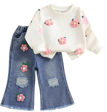 Completi per bambine 0-7 anni a maniche lunghe all'uncinetto floreale/fragola ricamo felpa pullover top con jeans svasati pantaloni elasticizzati in denim set 2 pezzi abbigliamento ragazza, rosa, 4-5