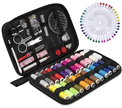 Songella Kit di Cucito Portatile Set da Cucito Accessori 130 Pezzi 24 Bobine di Filo per Principianti Viaggi Parenti Amici Casa Emergenza Abbigliamento con Custodia Trasporto Nero