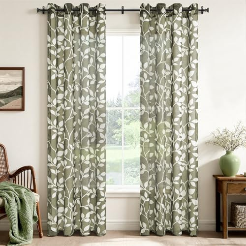 CUTEWIND Cortinas Infantiles Verde Oliva con Ollaos Pack de 2 Piezas 140x240 cm (An x Al) Cortina Transparente con Estampado de Hojas Blancas para Ventana de Casa
