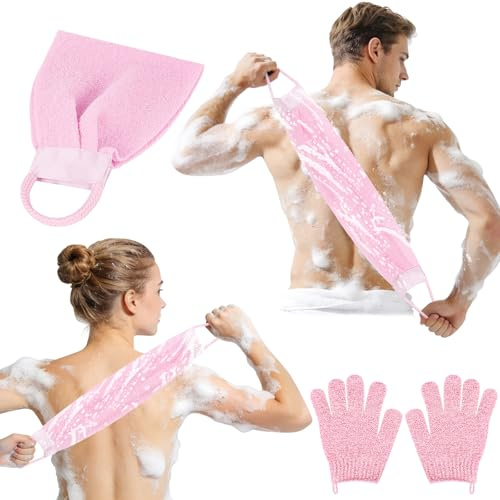 AYBUY Set de Guante Exfoliante Corporal de espalda, 3 Piezas Guante Exfoliante, 2 Guantes Exfoliantes y 1 Cepillos Ducha con asas, Baño Accesorios Para Hombres,Mujer,Exfoliar,Ducha,Spa,Masaje, Rosa