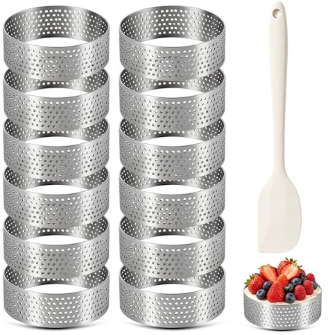 Eulihent 12 Pezzi Anello Microforato Crostata, Coppapasta Tondi 6 cm, Stampo Crostata Microforato in Acciaio Inox, Anello per Torte con Spatola per Torte, per Muffin, Ciambelle, Budini