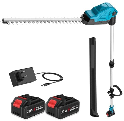 Akku Teleskop Heckenschere, Heckenschere Elektrisch mit 2 x 4000mAh Akku, 48cm Schwertlänge, Zinkenabstand 16 mm, Höhe bis 260 cm, 6-Fach Verstellbarer Schneidkopf für Hecken und Sträucher