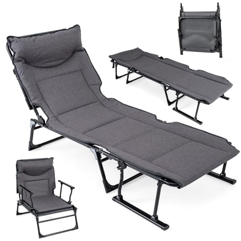 SPOTRAVEL Folding Camping Bed, Heavy Duty Camp Cot (180 x 67.5 x 37cm) | with 6-Position Adjustable Backrest, Headrest and Armrest, Portable Lounge Sleeping Cot for Adults Beach Travel Office