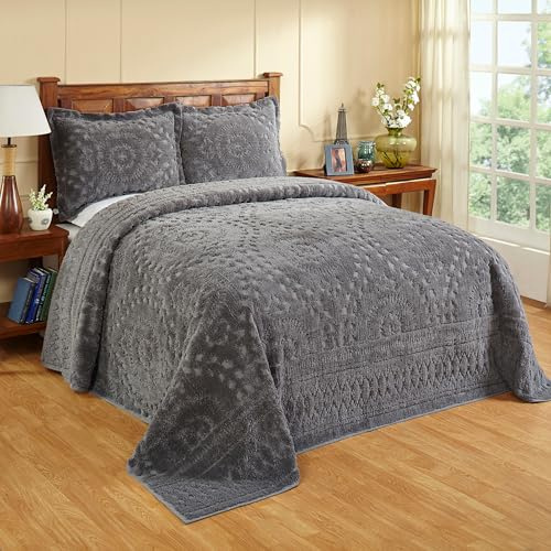 Better Trends King Size Bedspread 100% Cotton Chenille Coverlet Bedspreads, Soft Lightweight All Season Bedding, Gray Medallion Design 120 x 110