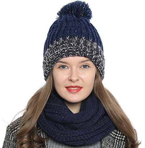 DonDon Bonnet d'hiver avec Pompon pour Dames Femme Bonnet tricoté doublé Chaud et Doux - Blu Bianco Marrone