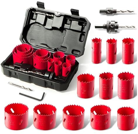 Bi-Metal Hole Saw Kit, HYCHIKA 17 Pcs High Speed Steel 3/4 to 2-1/2 Hole Saw Set in Case with Mandrels, Hole Saw Bit for Metal, Drilling PVC Board,and Plastic Plate
