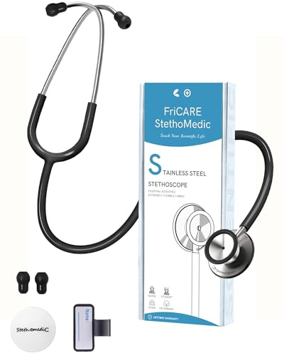 FriCARE Dual Head Stethoscope - Stethoscopes for Nurses, Medical Nursing Students, Paramedics/EMT/LVN/VNA Backup Estetoscopio, Black Tube, Stainless Steel Chestpiece