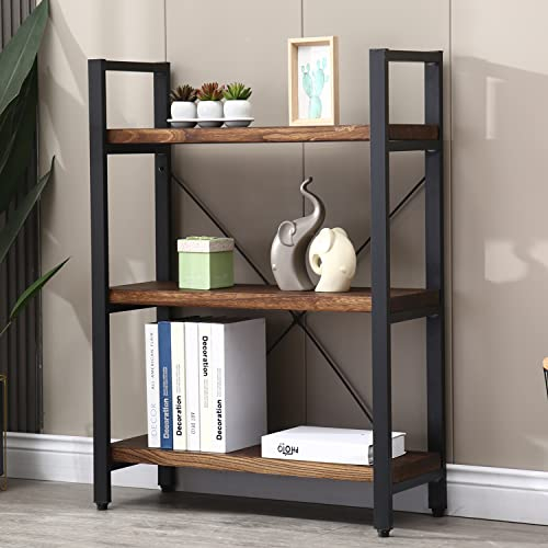 WH-AOERPUMY Natural Real Solid Wood Bookcase,3 Tier Metal and Wood Open Book Shelf Storage Farmhouse Wide Etagere Bookcase for Office Living Bedroom