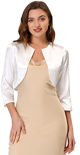 Allegra K Women's Elegant Open Front 3/4 Sleeve Solid Shrug Satin Bolero Cardigan White S-8