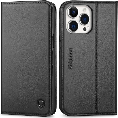 SHIELDON Case for iPhone 14 Pro Max 5G, Genuine Leather Wallet Case with [Card Slots][RFID Blocking][TPU Shell][Kickstand] Magnetic Shock Absorbing Folio Case Compatible with iPhone 14 Pro Max, Black