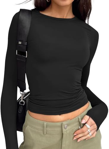 Trendy Queen Womens Long Sleeve T Shirts Fall Fashion 2026 Basic Crop Tops Going Out Workout Outfits Y2k Clothes Black S