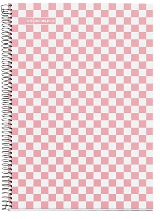 Miquelrius - Cuaderno Escolar 4x4 mm, Tamaño Folio (215 x 309 mm), 80 Hojas de 90 g/m², Cuadrícula 4x4 mm con margen, Encuadernado Espiral, Cubierta rígida, Diseño damero rosa