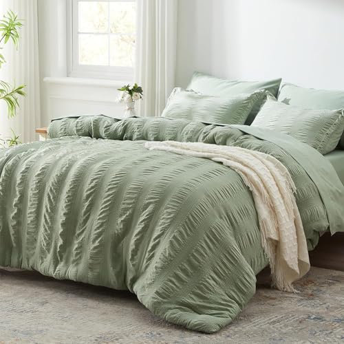 Lanqinglv Bettwäsche 135x200cm 4teilig Seersucker,Salbeigrün Grün Wende Bettwäsche aus Mikrofaser,Gestreift Muster 2 Bettbezug und 2 Kissenbezug 80x80 cm