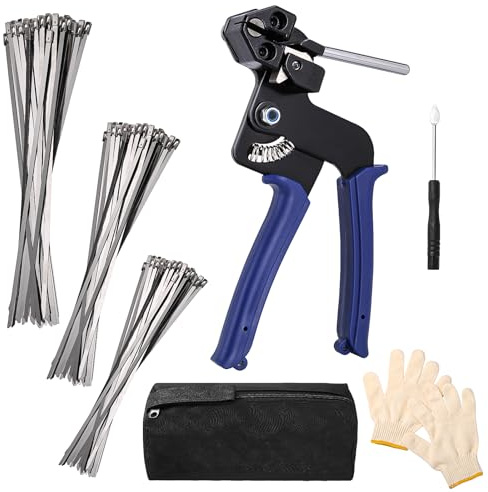 homdat Kit de Alicates para Bridas Metalicas, Pistola de Sujeción de Cables de Acero Inoxidable con 150 Piezas Bridas Metalicas 3 Tamaños y Accesorios, para Bloquear y Cortar las Ataduras