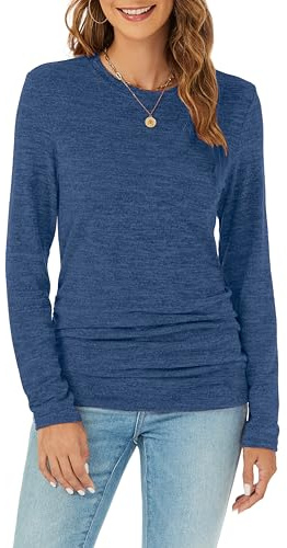Famrrifuu Maglia Manica Lunga Donna Collo Rotondo Maglietta Elegante Basic Top Bluse Autunno Inverno T-Shirt,Blu,M