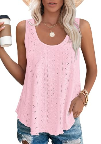 Yunmlep Tops for Women Vest Summer Scoop Neck Eyelet Embroidery Casual Strap Camisole Loose Sleeveless Ladies Tops (A-Pink, XL)