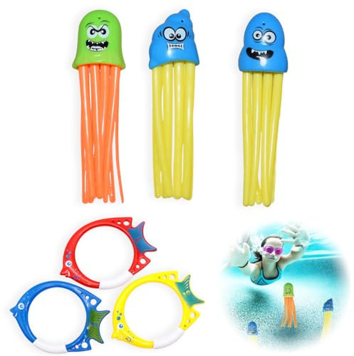 SULIUDAJI 6 Stück Tauchen Spielzeug für Kinder, Tauchringe, Pool Spielzeug, 3 Tauchende Fischringe Und 3 Tauchende Kraken für Sommer Unterwasserspiel Und Tauchtraining