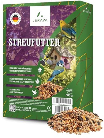 LERAVA® - Vogelfutter Wildvögel Ganzjährig - 500g - Streufutter für Wildvögel mit Hirse, Hafer, Erdnüssen, Milo & Gerste - Ideal für Futterstellen - Lockt Meisen, Finken & Drosseln an, Wildvogelfutter