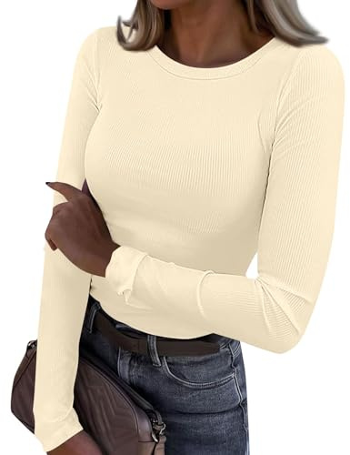 Damen Langärmeliges T-Shirt mit Rundhalsausschnitt-Elegant Y2K Langarm Tee Shirt Figurbetont Gerippter Strick Top, Klassischer Schnitt