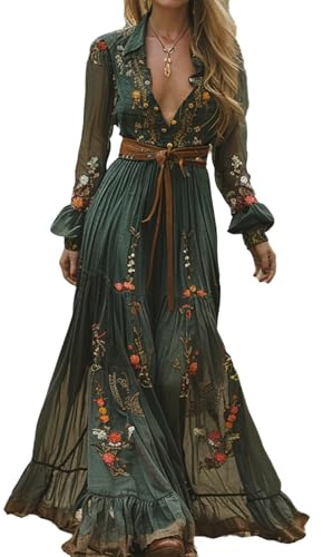 XUSAI Robe Longue À Fleurs Pastorale Vintage pour Femmes Robe Sexy À Col en V À Manches Longues Robe Occidentale Robe Maxi Décontractée d'automne,Vert,L