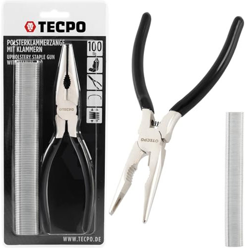 TECPO Set di pinze per tappezzeria, 200 mm, con 100 staffe in acciaio al carbonio da 23 mm, pinze speciali per riparazioni e riscaldamento dei sedili, con intagli e meccanismo a molla per un fissaggio