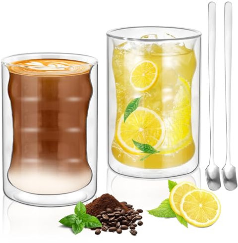 Cokaca Latte Macchiato Gläser 2er Set, 400ml Doppelwandige Kaffeegläser Teegläser Cappuccino Gläser Eiskaffee Thermogläser Doppelwandig Espressotassen Glas mit 2 Löffeln & 1 Tassenbürste