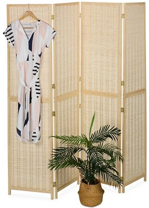 Relaxdays Paravento a 4 Pannelli, HxL: 180x182 cm, Separé Ambienti Interni, Divisore Salotto in bambù e Legno, Naturale
