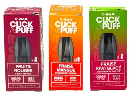 Pack de 3 cartouches réutilisables- compatible avec Batterie rechargeable (sans nicotine ni tabac) (Fraise Framboise, Fruit du Dragon Glacé, Myrtille Framboise)