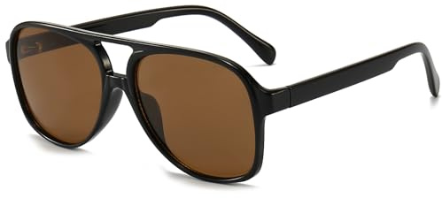 Long Keeper Gafas de Sol Piloto Polarizadas para Mujer Hombre Retro Clásico Doble Puentes Gafas de Sol Grandes Cuadradas Años 70 Protección UV400 (Negro Montura - Marrón Lente)